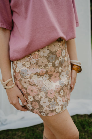 SIENNA SEQUIN SKIRT FLOWERS PINK