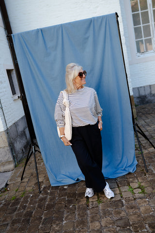 JAMES OFF SHOULDER SWEATER NAVY STRIPES