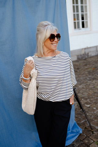 JAMES OFF SHOULDER SWEATER NAVY STRIPES