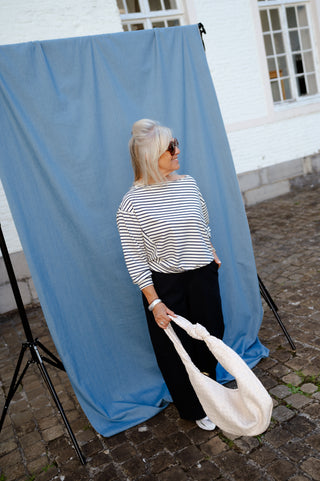 JAMES OFF SHOULDER SWEATER NAVY STRIPES