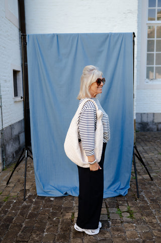 JAMES OFF SHOULDER SWEATER NAVY STRIPES