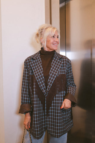 GRACIE CHECKED FRINGE BLAZER BROWN/LIGHT BLUE