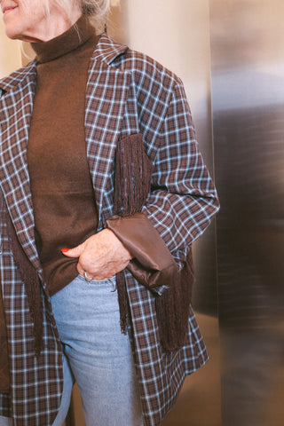 GRACIE CHECKED FRINGE BLAZER BROWN/LIGHT BLUE