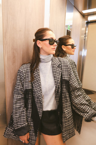 GRACIE CHECKED FRINGE BLAZER BLACK