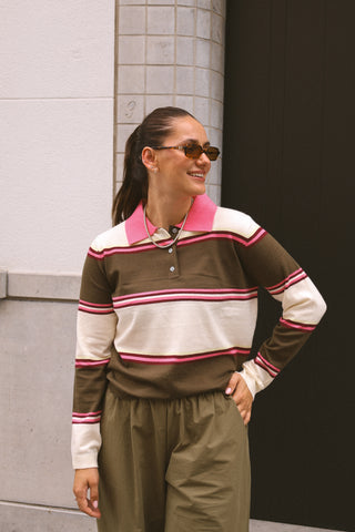 NOMI STRIPED POLO KHAKI/PINK