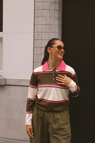 NOMI STRIPED POLO KHAKI/PINK