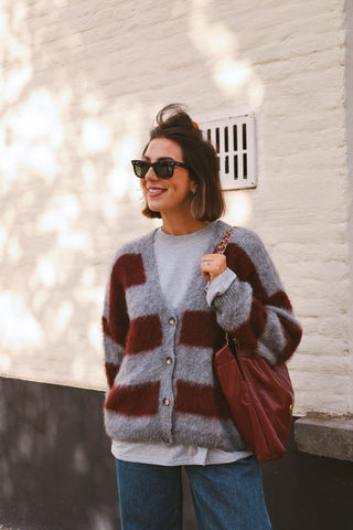 DOLLY STRIPED CARDIGAN GREY/BURGUNDY