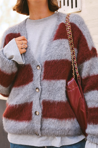 DOLLY STRIPED CARDIGAN GREY/BURGUNDY