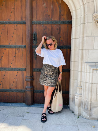 LEOPARD SHORT DENIM SKIRT