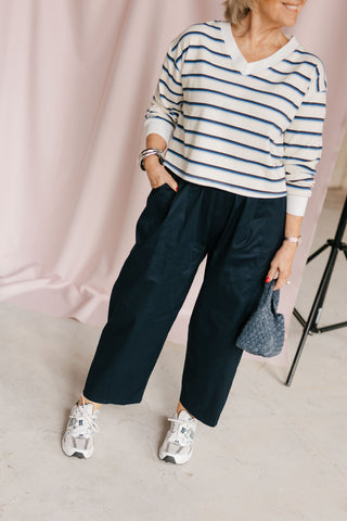NORA V-NECK SWEATER STRIPES ECRU/BLUE
