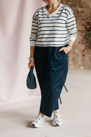 NORA V-NECK SWEATER STRIPES ECRU/BLUE