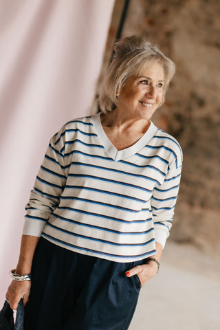 NORA V-NECK SWEATER STRIPES ECRU/BLUE