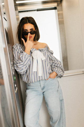 RUNE OFF SHOULDER BLOUSE STRIPES BLUE/WHITE